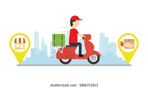 Delivery man ride motorcycle  with city background. Map pin. Receive at home. Transportations concept.
Shopping online concept.  