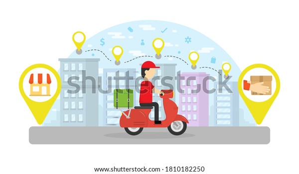 Delivery man ride motorcycle  with city scape and sky\
background. Map pin. Receive at home. Transportations\
concept.\
Shopping online concept. \
