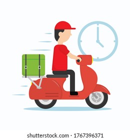 Delivery man ride motorcycle. clock icon. Speed express. Digital marketing.  Shopping online concept. Transportations concept. 