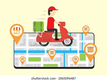 Delivery man ride motorcycle drive on phone which open gps application for go to address of costumer. Transportation concept. Shopping Online. location pins on map. Business Concept. map app. 