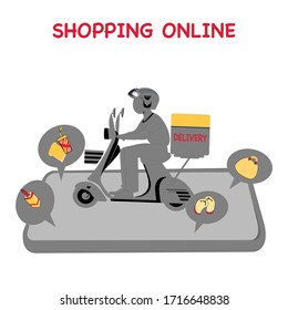 Delivery man ride motorcycle get order.Shopping on line from smart phone application vector design illustration.