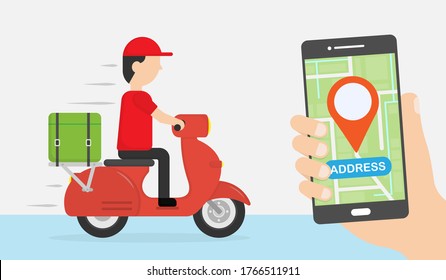 Delivery man ride motorcycle. Shopping online. Digital marketing. Transportations concept. Business concept. Enter your address. Hand holding phone open map applications.