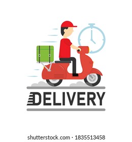 Delivery man ride motorcycle with Stopwatch. Delivery logo. Shopping online concept. Transportation concept. Vector icon and symbols. 