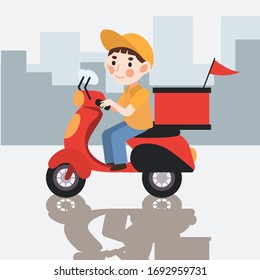 Delivery Man Ride Scooter Motorcycle. Cute delivery food man character ,Cartoon Vector illustration. Food delivery service.