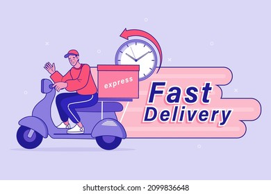 Delivery Man Ride Scooter Motorcycle. Timely delivery concept. order shipping on time, fast distribution services, shipment delay. Cartoon Vector illustration.