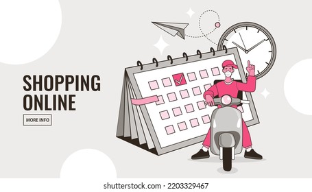 Delivery Man Ride Scooter Motorcycle. Timely delivery concept. order shipping on time, fast distribution services, shipment delay. Cartoon Vector outline illustration.