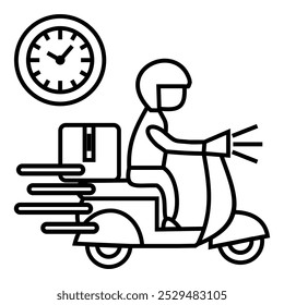 Delivery Man Ride Scooter Motorcycle with timer. Online order tracking, delivery home and office. Icon vector design symbol illustration.