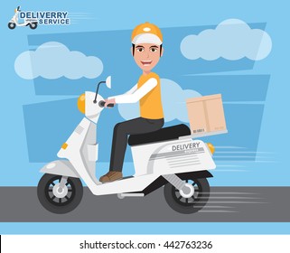 Delivery Man Ride Scooter Motorcycle Service, Order, Worldwide Shipping, Fast Transport