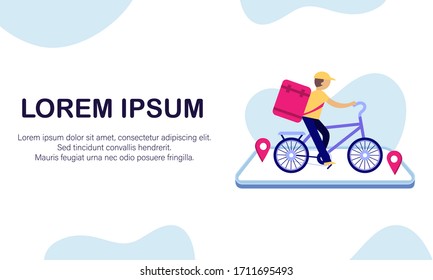 Delivery man rides a bicycle. Bike for delivery in flat style. Concept of delivery service, courier service, goods shipping, food online ordering in flat. 