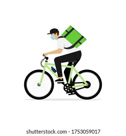 Delivery man rides on bike isolated on white background. Vector illustration on flat design