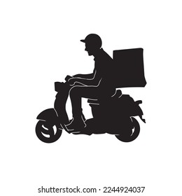 Delivery man rides on an electric scooter black silhouette vector image.