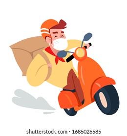 Delivery man rides a retro scooter on a motorcycle in a protective face mask. Flat vector illustration of food delivery  on a motor moped with a pizza box. Virus Outbreak Covid19. Stay at home.