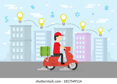 Delivery man rides scooter to deliver for customer. Sky and Cityscape background. Shopping online concept. Transportation  concept. 