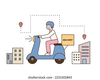 A delivery man rides a scooter to deliver. There are buildings around him. flat vector illustration.