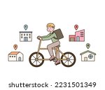 A delivery man is riding a bicycle carrying a delivery box. There are small houses around him. flat vector illustration.