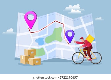 Lieferant Fahrrad mit Paketkästen auf Stadtplan-Hintergrund mit gps Ortsstiften für Online-Shopping und Versanddienstleistungs-Konzept.