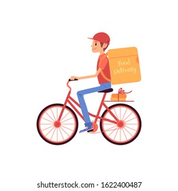 Delivery man riding bicycle and shipping thermo bag and boxes cartoon style, vector illustration isolated on white background. Male courier of food delivery service is driving bike with backpack