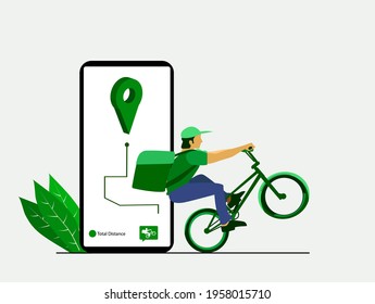 Delivery man riding bicycle vehicle for delivery parcel, food and document. Online delivery service concept, online order tracking delivery to home or office. vector illustration. 