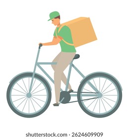 O entregador está andando de bicicleta com um pacote de papelão nas costas