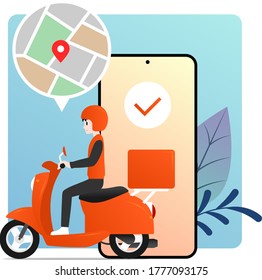 Delivery man riding bike with GPS map smartphone illustration