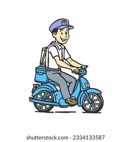 Delivery man riding a blue scooter. Food, post or goods delivery. Vector illustration