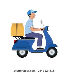 A delivery man is riding a blue scooter with packages on the back