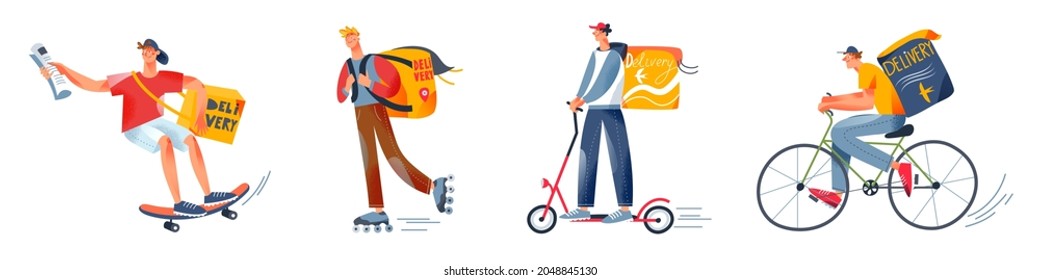 Delivery man riding eco transport to deliver box, postal delivery service set vector illustration. Cartoon courier driver characters drive skateboard bicycle scooter, shipping order isolated on white