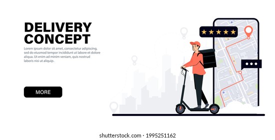 Delivery man riding an electric scooter. Courier delivering food. On background smartphone with a map and location, big city and gps pointers. Food delivery service, mail delivery service.