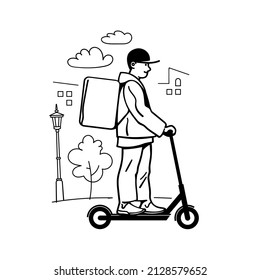Delivery man riding electric scooter on background of urban landscape Courier on kick scooter with parcel box. Online delivery service. Hand drawn vector.