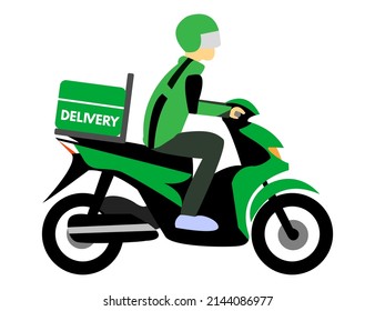 Delivery man riding green scooter vector illustration. Package or food delivery with motorcycle
