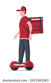 Delivery man riding hoverboard with the box. Concept of fast delivery in the city. Male courier with parcel box on his back with goods and products. Cartoon flat vector illustration