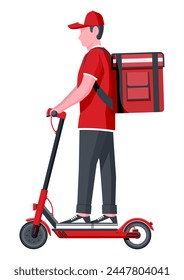 Repartidor montando patada scooter con la caja. Concepto de entrega rápida en la ciudad. Mensajero masculino con caja de paquetes en su espalda con mercancías y productos. Ilustración vectorial plana de dibujos animados