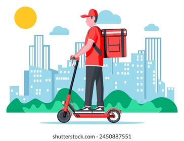 Delivery man riding kick scooter with the box. Concept of fast delivery in the city. Male courier with parcel box on his back with goods and products. Cityscape background. Flat vector illustration