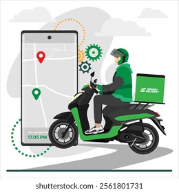 delivery man riding motocycle with applications illustration