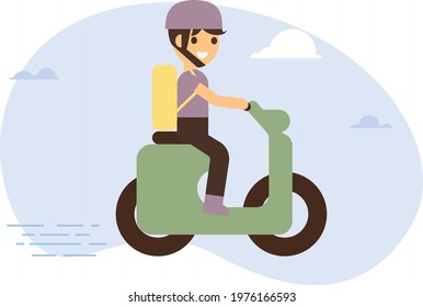 Delivery man riding motor bike. Flat style illustration. Vector
