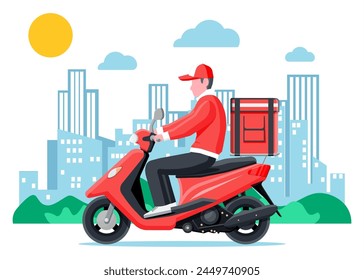 Delivery man riding motorbike scooter with the box. Concept of fast delivery in the city. Male courier with parcel box on his back with goods, food and products. Cartoon flat vector illustration