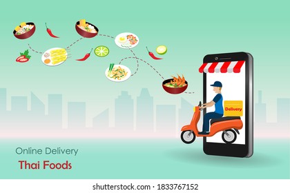 Delivery man riding motorbike from smart phone screen deliver  foods to customer. Online food delivery, Thai cusisine concept. Vector Illustration.