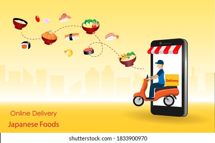 Delivery man riding motorbike from smart phone screen deliver  foods to customer with spreading of sushi, ramen and japanese food. Online food delivery, Japanese cusisine concept. Vector Illustration.