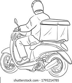 Delivery man riding motorcycle with box at the back vector illustration sketch doodle hand drawn with black lines isolated on white background. Back view.