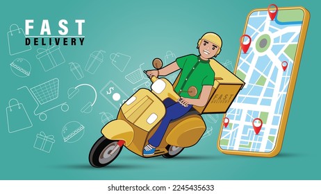 Delivery man riding a motorcycle with delivery box