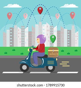 A delivery man riding a motorcycle to deliver parcels to customers. Using tracking to find them. delivery man concept vector.