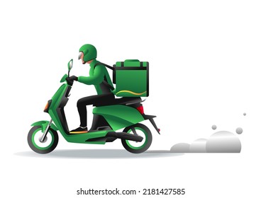 delivery man are riding a motorcycle fast