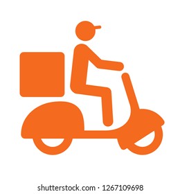 Delivery man riding motorcycle icon symbol, Orange pictogram flat design for apps and websites, Isolated on white background, Vector illustration