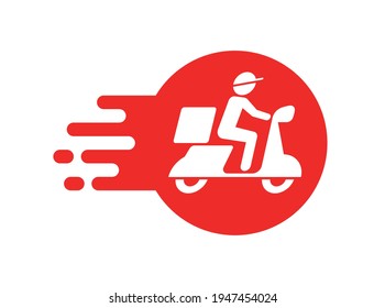 Delivery man riding motorcycle icon, Shipping service advertisement label, Special offer promotion price tag, Isolated on white background, Vector illustration