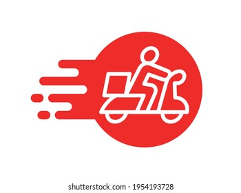 Delivery man riding motorcycle icon, Shipping service advertisement label, Special offer promotion price tag, Isolated on white background, Vector illustration