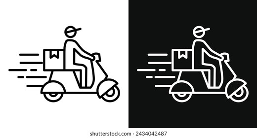 Delivery Man Riding Motorcycle Icon Set. Vector Illustration