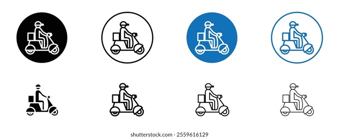 Delivery man riding motorcycle icon set in black and blue colors