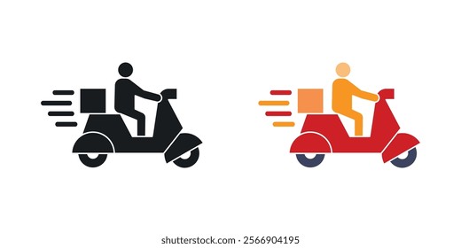 Delivery man riding motorcycle icon set in black and colored