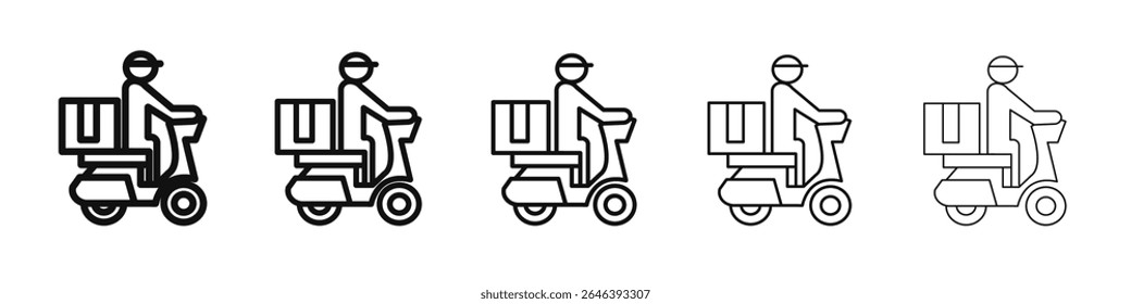 Delivery man riding motorcycle icon vector outline set illustration sign