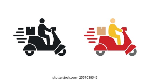 Delivery man riding motorcycle icons in black and colored version